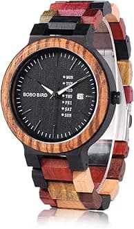 BOBO Bird Wood Watches Colorful Wood WristWatches Week & Date Display Multifunction Handmade Quartz Watch Sport Chronograph Unique Wristwatch for Men Women