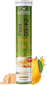 - Naturyz 100% Plant Vitamin D3 K2 | Veg Vitamin D3 Supplement Lichen Source with Vitamin K2 MK7 Menaquinone | Supports Stronger Immunity | Bone & Heart Health for Men & Women (Mango Flavour)-20 Tablets