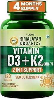 Vlado’s Himalayan Organics Vitamin D3 K2 Supplement I 100% Veg D3 - Lichen Sourced -600 IU Vitamin D3 + 55 mcg K2 (MK7) - Stronger Bones, Immunity & Calcium Absorption - D3 Supplement for men & women - 120 tablets