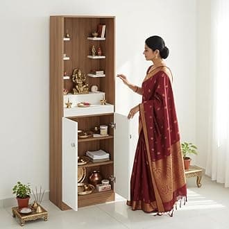FURNEASER Adya Wooden Pooja Mandir for Home with Storage | Engineered Wood Temple Stand with Shelf & Cabinet | Compact Floor-Standing Prayer Unit for Living Room � Exotic Teak & White, 161x50x32 cm