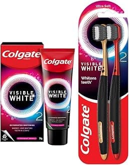 Colgate Visible White O2, Teeth Whitening Toothpaste, Peppermint Sparkle, 50g, Active Oxygen Technology, Enamel Safe Teeth Whitening Product & Colgate Visible White O2 Toothbrush - 2pcs