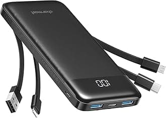 Power Bank with Built in Cable, 10000mAh USB C Battery pack 6 Outputs 2 Inputs with LED Display Type C Powerbank Portable Charger Compatible with Smartphones Tablets and More