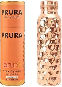 PRURA Diamond Cut Copper Water Bottle - Leak Proof Ayurvedic Drinkware Copper...