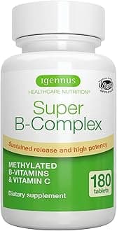 Igennus Super B-Complex – Methylated Sustained Release B Complex & Vitamin C, Folate & Methylcobalamin, Vegan, Energy, Heart & Brain Function, 180 Small Tablets