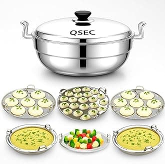 Triply bottom Idli maker Stainless Steel 4-in-1 Induction base Multi utility Kadai Idli Cooker All-in-One Big Size dhokla Cooker | 6 Plate 2 Idli | 1 mini idli 2 Dhokla 1 Patra Momo Steamer