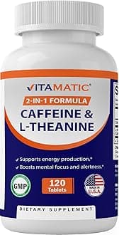 Vitamatic L-Theanine 200mg with Caffeine 100mg 120 Vegetarian Tablets - Nootropic Supplement for Focused Energy