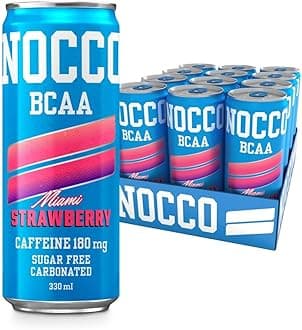 NOCCO Sugar Free Energy Drink – BCAA, 180mg High Caffeine, with Amino Acids & Vitamins, Ideal for Pre Workout – 12 x 330ml (Miami Strawberry)