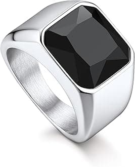 Gemstone Signet Rings for Men, Stainless Steel Fancy Cut Cubic Zirconia Rings Blue Topaz/Emerald/Black Onyx/Ruby Ring Statement Ring Wedding Ring Size 7-14