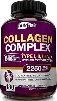 NutriFlair Multi Collagen Peptides 2250mg - Type I, II, III, V, X - Collagen Supplements Complex Powder Pills for Women and Men - Hydrolyzed Protein, Healthy Hair, Skin, Nails - Non-GMO (180 Capsules)