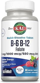 KAL Vitamin B-6, B-12 & Folic Acid Supplement, Heart Health, Energy & Red Blood Cell Support*, with Vitamin B12 Methylcobalamin & Folate, Natural Berry Flavor, 60 Servings, 60 ActivMelt Micro Tablets