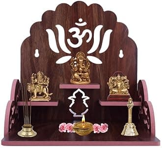 ZUPER Wood Hand Crafted Om with Lotus Pattern Office Temple for Puja Temple for Home and Office I Devghar Puja I Premium Wooden Mandir (Brown-2) (Pack of 1)