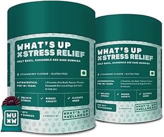 What's Up Wellness Stress Relief Gummies | For Men & Women with Chamomile, Passion Flower, L-theanine, Sage & Holy Basil, Help reduce Stress, Anxiety and improve Sleep - 60 Gummy Pack