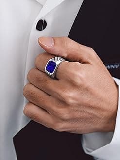 Bandmax Gemstone Signet Rings for Men, Stainless Steel Fancy Cut Cubic Zirconia Rings Blue Topaz/Emerald/Black Onyx/Ruby Ring Statement Ring Wedding Ring Size 7-14