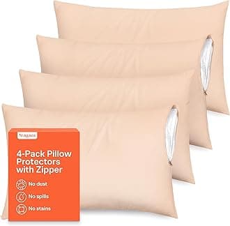 Ultra Soft Pillow Protectors with Zipper King Size - Set of 4 Breathable Pillow Covers - 100% Protection Against Stains, Dust & Dirt - Machine Washable (Beige)