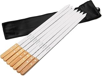 Goutime Kabob Skewers 23 Inch Long,1 Inch Wide Stainless Steel Grilling BBQ Skewer with Wood Handle for Making Koubideh Persian Brazilian Chicken Shrimp Kebab,Set of 7 with Bag