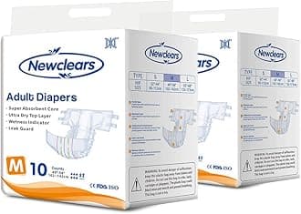 Newclears Adult Diapers with Tabs for Men Women Incontinence Care, Disposable Absorbent for Disability Postnatal Patient Bedridden Care, 10 Count/Pack, 2 Pack, M