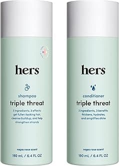 hers Triple Threat Shampoo & Conditioner Set - Biotin, Saw Palmetto, & Pumpkin Seed Oil Formula - Thickens & Hydrates - Color-Safe, Paraben-Free, Vegan - Napa Rose Scent - 6.4 Fl Oz, 2 Count