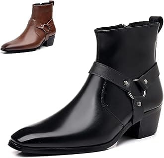 Men's Leather Chunky Heel Dress Chelsea Boots with Belt Buckle Fashion Classic Cap Toe Side Zipper Block High Heels High Top Formal Oxford Shoes Casual Business Chukka Booties