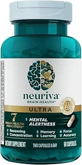 NEURIVA Ultra Decaffeinated Clinically Tested Nootropic Brain Supplement for Mental Alertness, Memory, Focus & Concentration, Cognivive, Neurofactor, Phosphatidylserine, Vitamins B6 B12, 60 Capsules