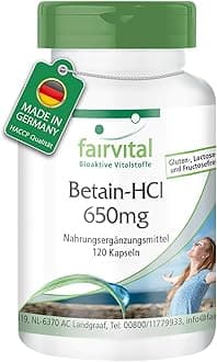 Fairvital Betaine HCl 650mg - 120 Capsules - Betaine Hydrochloride Capsules - High Dose - Vegan