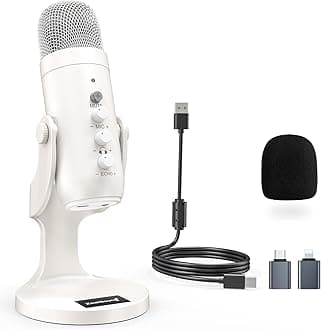 ZealSound Podcast Microphone, Noise Cancellation Mic with Gain, Volume Adjustment & Mute Button, Monitor & Echo, for ASMR, Vocal Recording, YouTube, TikTok, PC, iPhone, iPad, Android, Mac, K66, White