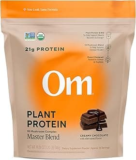OM MUSHROOM SUPERFOOD Master Blend Vegan Protein – Organic Chocolate Plant Protein with 10 Mushrooms, Ashwagandha, BCAAs & B12 – Energy, Recovery & Immune Support – 1.2 lb (16 Servings)