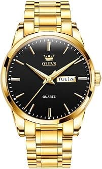 Men's Casual Stainless Steel Watch, Big Face Easy to Read Analog Quartz Watch with Day and Date, Classic Waterproof Diamond Roman Arabic Numerals Dial Dress Watch for Men, Gold Silver Black Band