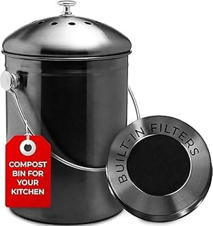 Countertop Compost Bin Kitchen | 1.3 Gallon | Odorless Composting Bin with Carbon Filters | Indoor Compost Bin with Lid | Stainless Steel Kitchen Composter for Food Scraps & Waste Recycling