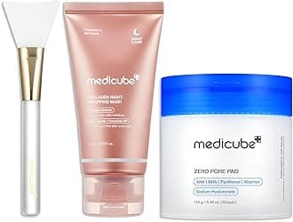 medicube Korean Viral Duo for Glass Glow Skin: Zero Pore Pads 2.0 and Collagen Overnight Wrapping Peel Off Facial Mask Pack and Jelly Brush, Gifts for Women, Skin Care Set
