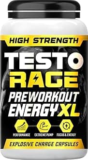 TESTO Rage Pre-Workout Capsules, Boosts Energy, Focus, Endurance, 60 Capsules