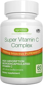 Igennus Super Vitamin C Complex, Vegan, 1000mg High Absorption Pureway-C Vitamin C with Bioflavonoids, 60 Servings, 2 Month Supply, 24-Hour Action, Immune Health, Energy, Heart & Brain,