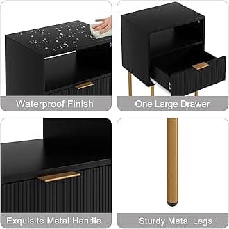 Nightstand,Morden Bedside Table with Gold Frame,Small Black Night Stand,End Table,Bedside Furniture,Side Table with Drawer and Shelf for Bedroom,Living Room (1Drawer, Black)