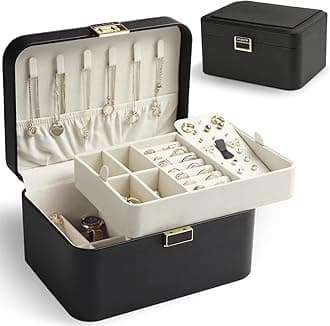 KAMIERKAMIER Jewelry Box,2 Layer Jewelry Organizer for Earrings Bracelets Rings Necklaces,Luxury Leather & Soft Velvet Lined,Gift Box Packaging,Black