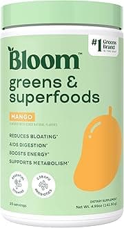 Bloom Nutrition Superfood Greens Powder, Digestive Enzymes with Probiotics and Prebiotics, Gut Health, Bloating Relief for Women, Chlorella, Green Juice Mix with Beet Root Powder, 25 SVG, Mango