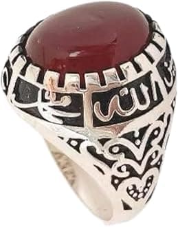 Shia Ring – 925 Sterling Silver Panjtan Ring with Red Yemeni Aqeeq Stone, Ahlulbayt Ali Hasan Hussein Fatemeh, Unisex Islamic Jewelry