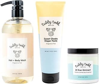 TUBBY TODD Baby Bundle Newborn Skin Care Set - Hypoallergenic Hair + Body Wash, All Over Ointment with Colloidal Oatmeal, Sweet Cheeks Diaper Paste - Fragrance-Free, Full Size