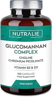Glucomannan Konjac 3000mg - Choline Bitartrate Chromium Picolinate and VIT B3 + D3-120 Vegetable Capsules Glucomannan Complex Nutralie