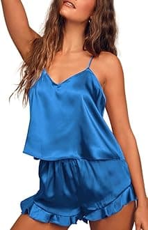 Ekouaer Satin Pajama Set for Women Silk Pjs for Women Set Camisole Top and Shorts with Ruffle Sleepwear