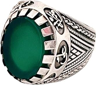 Esmawish Shia Ring – 925 Sterling Silver Panjtan Ring with Flat Green Yemeni Agate, Ahlulbayt Ali Hasan Hussein Hz Ali & Hz Muhammad Islamic Jewelry