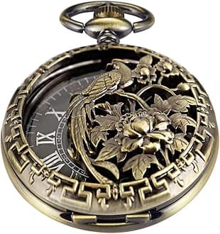 WhodoitBronze Men's Antique Mechanical Pocket Watch, Skeleton Mechanical Roman Numerals Pocket Watch with Chain + Box
