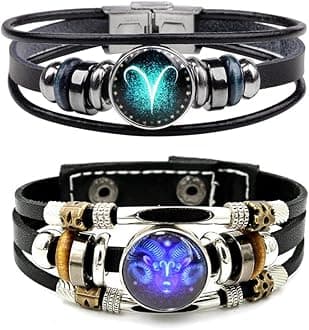 WLL 2Pcs Multilayer Constellation Zodiac Leather Bracelet for Women Men Handmade Woven Zodiac Sign Wrap Wristband Bracelet Couple BFF Birthday Jewelry