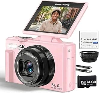 Acuvar 4K Digital Camera for Photography, 64MP Vlogging Camera with Flip Screen, WiFi, Wide Angle Lens, 16X Zoom, Compact Camera for YouTube, Travel, Beginners with 64GB Card