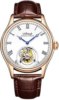 Men Mechanical Tourbillon Watches Hand Wind Sapphire Stainless Steel Skeleton Wrist Watches 50M Waterproof Luxury Business Watch with Genuine Leather Strap