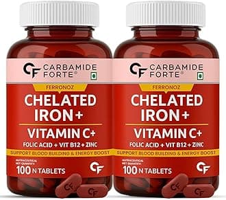 Chelated Iron + Vitamin C, B12, Folic Acid & Zinc - 100 Veg Iron Tablets (Pack of 2)