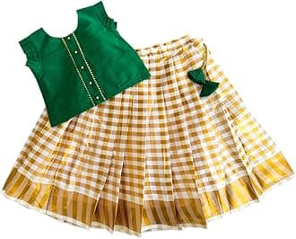 Stanwells KidsKerala Kasavu Polka Brocade Silk Baby Girls Floral Embroidery Lehenga Choli Set