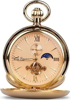 Vintage Mechanical Pocket Watch Unique Tourbillon Moon Phase Double Open Pocket Watches & Gift Box for Men Women