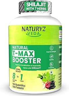 Naturyz VEDA Natural T-MAX Booster with 8 Ayurvedic Herbs | Highest Strength Shilajit | Safed Musli | Kaunch | Ashwagandha | Gokshura | Ginseng | High absorption | Original Shilajeet Improves Strength, Stamina, Endurance, Energy & Muscle Mass for Men & Women - 90 Tablets
