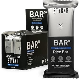 – Styrkr BAR50 Energy Bars - Pack of 12 Rice Bars for Cycling & Running - Date, Almond & Dark Chocolate - Approved by Endurance Athletes - 50g of Carbs via Advanced Dual-Carb Formulation - 12x Pack