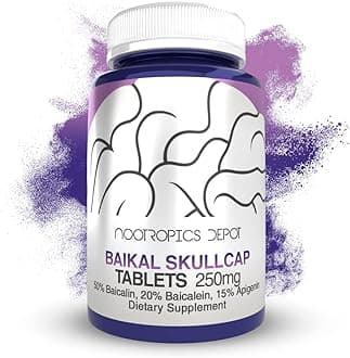 Nootropics Depot Baikal Skullcap Extract Tablets | 250mg | 120 Count | >15% Apigenin, >20% Baicalein, >50% Baicalin