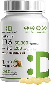 Vitamin D3 50,000 IU + K2 MK7 200mcg Softgels, 240 Count | 2-in-1 Complex with Virgin Coconut Oil | Supports Heart, Bone, Teeth & Immune Health | Easy to Swallow
